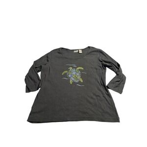 Additions by Chicos Black 3/4 Sleeve Turtle Rhinestone Blouse Top Women's Size 2